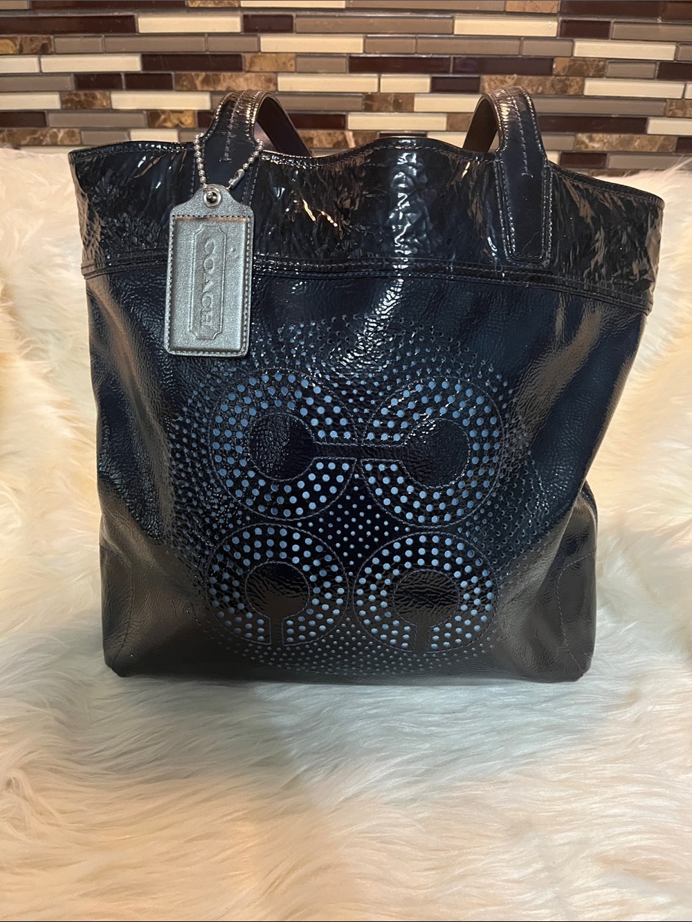 Coach Black Patent Leather Perforated Signature Tote with Silver Tag